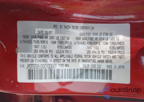 2008 Mazda Cx-9 Touring z USA, uszkodzony, nr VIN JM3TB38V280133581